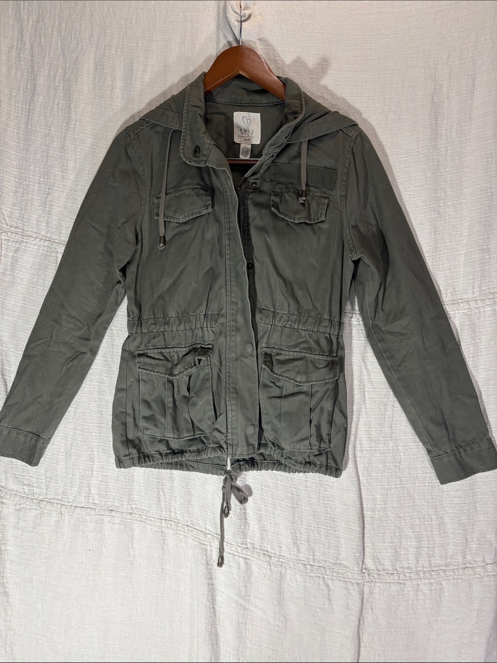 Full Tilt Olive Green Hooded Utility Anorak Jacket Size Small 100% Cotton Cargo